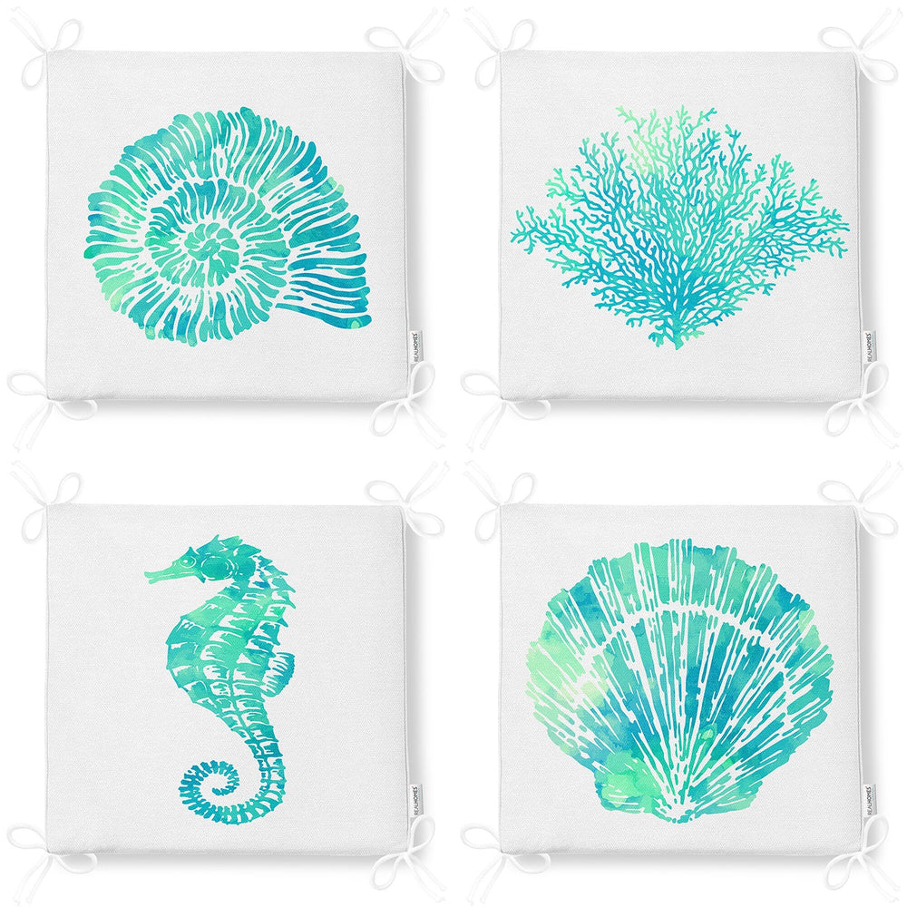 Set of 4 Beach House Chair Cushion|Seahorse Coral Seat Pad with Zip, Ties|Turquoise Seashell Oyster Chair Pad|Coastal Outdoor Seat Cushion