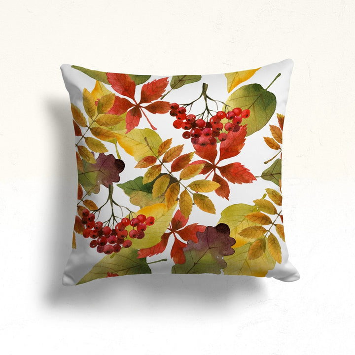 Fall Trend Pillow Cover|Dry Leaves Red Berries Throw Pillow|Autumn Cushion Case|Housewarming Autumn Home Decor|Farmhouse Style Fall Cushion