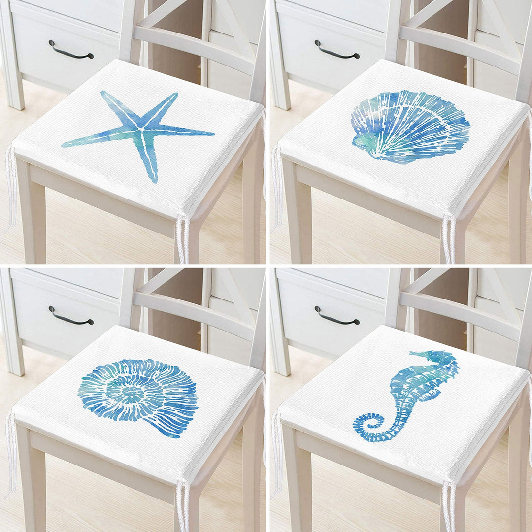 Set of 4 Beach House Chair Cushion|Blue Starfish Oyster Seat Pad with Zip and Ties|Seashell Seahorse Chair Pad|Coastal Outdoor Seat Cushion