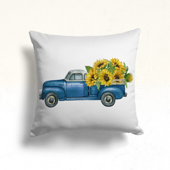 Fall Trend Pillow Cover|Sunflower and Floral Pumpkin Cushion Case|Blue Green Pumpkin Truck Throw Pillow Top|Autumn Outdoor Cushion Case