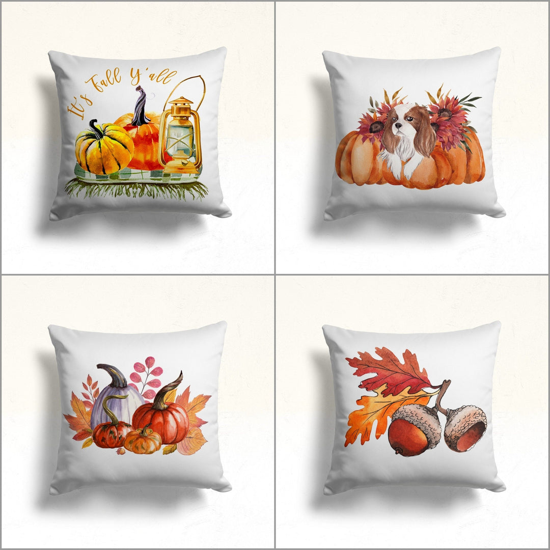 Its Fall Yall Pillow Cover|Autumn Cushion Case|Dog with Orange Pumpkin Throw Pillow|Pumpkin and Acorn Decor|Housewarming Autumn Pillowcase