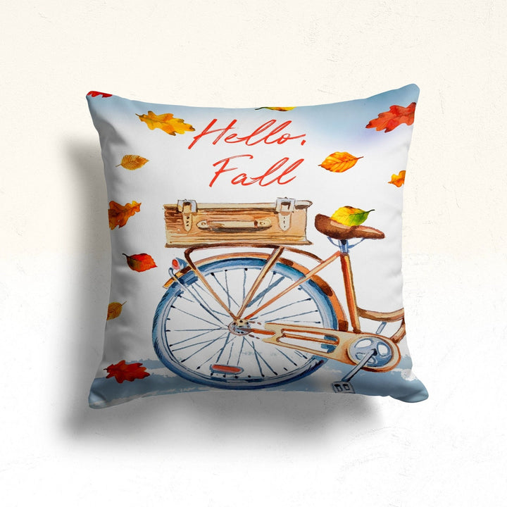 Fall Trend Pillow Cover|Hello Fall Bike Cushion Case|Abstract Autumn Leaf and Daisy Throw Pillow|Brown Girl with Orange Leaves Pillowtop