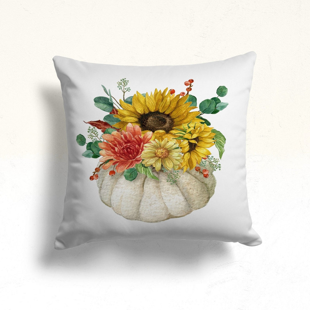 Pumpkin Pillow Cover|Fall Trend Cushion Case|Brown Pink Green White Pumpkin and Sunflower Throw Pillow|Farmhouse Welcome Fall Cushion Cover