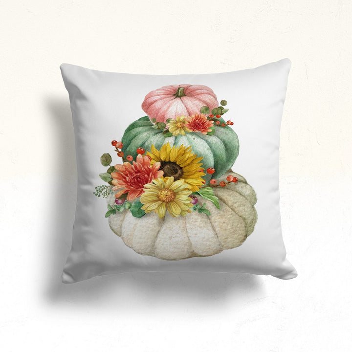 Pumpkin Pillow Cover|Fall Trend Cushion Case|Brown Pink Green White Pumpkin and Sunflower Throw Pillow|Farmhouse Welcome Fall Cushion Cover