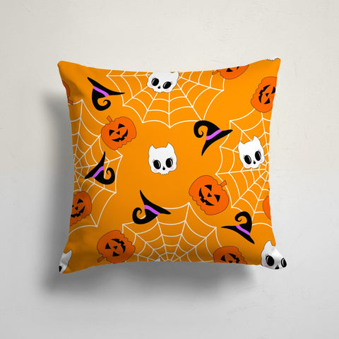 Halloween Pillowcase|Carved Pumpkin and Bat Print Orange Cushion|Moon and Trees Cushion Cover|Spider Web and Witch Hat|Throw Pillow Cover