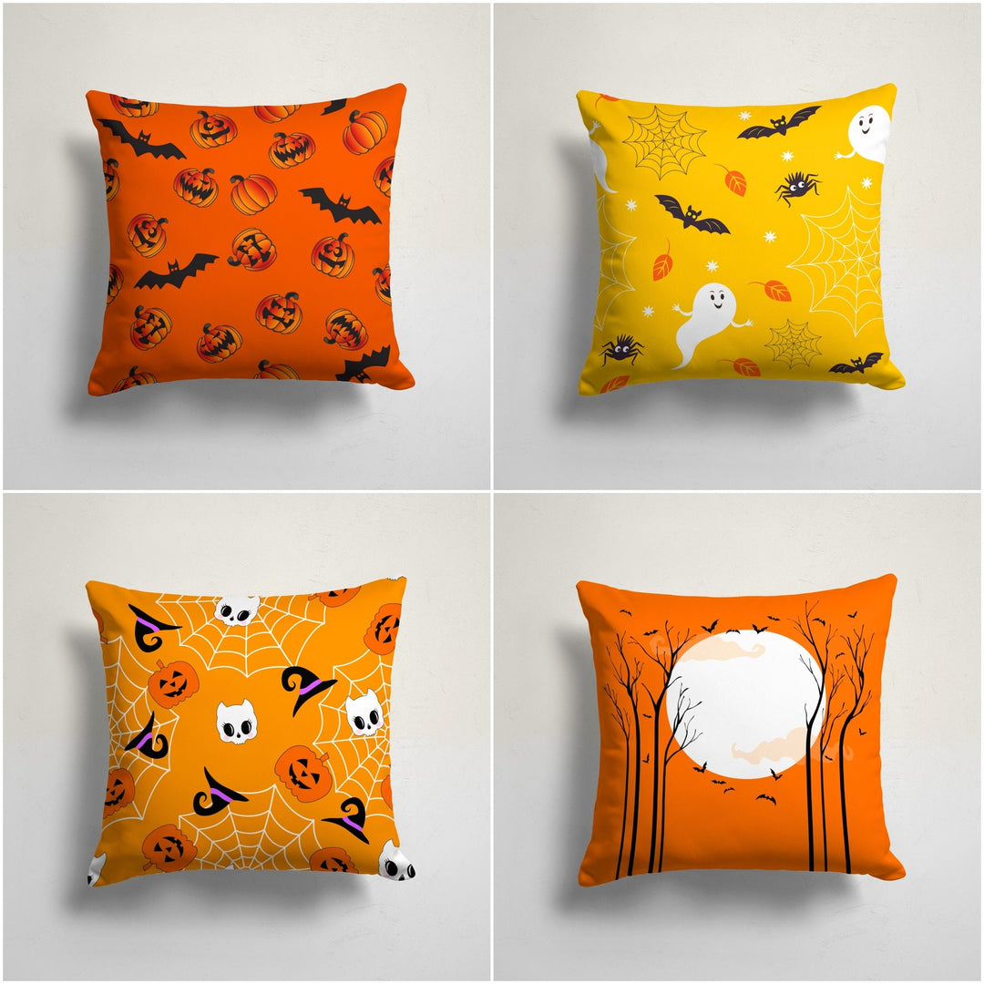 Halloween Pillowcase|Carved Pumpkin and Bat Print Orange Cushion|Moon and Trees Cushion Cover|Spider Web and Witch Hat|Throw Pillow Cover