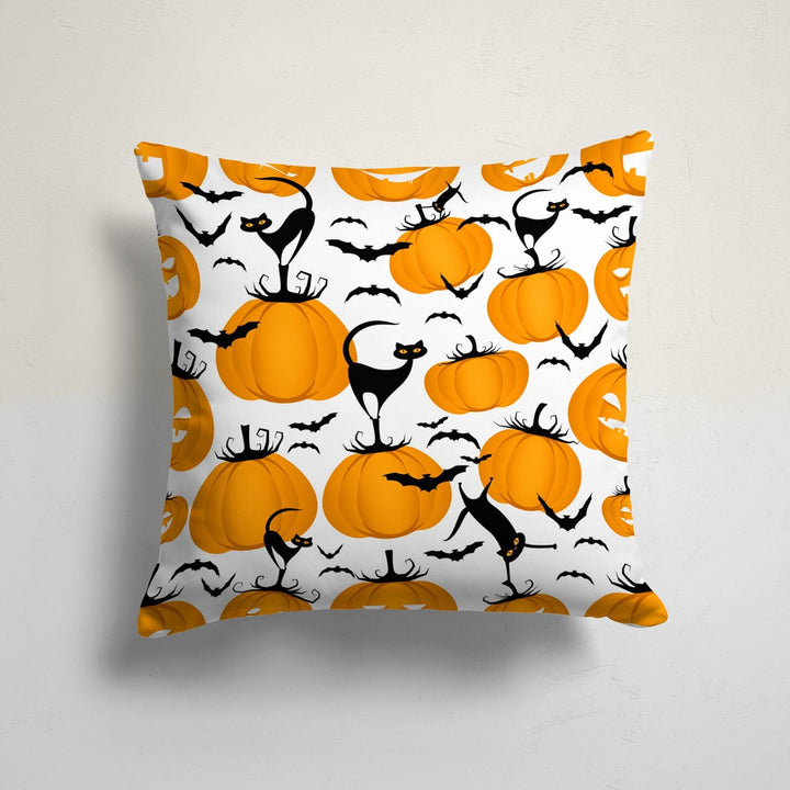 Halloween Pillow Case|Carved Pumpkin and Skull Print Orange Cushion|Black Cat and Bat Cushion Cover|Trick or Treat Boo Throw Pillow Cover