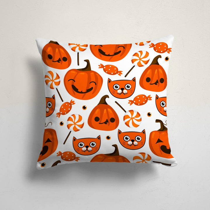 Halloween Pillow Case|Carved Pumpkin and Skull Print Orange Cushion|Black Cat and Bat Cushion Cover|Trick or Treat Boo Throw Pillow Cover