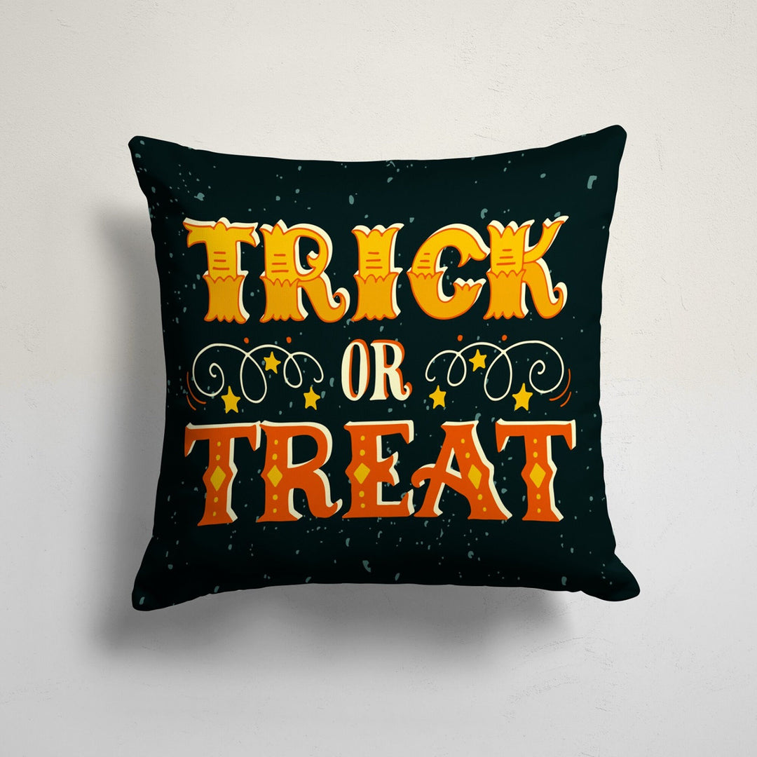 Trick or Treat Pillow Top|Halloween Pillowcase|Carved Pumpkin and Spider Web Print Cushion Cover|Witch Hat and Candy Throw Pillow Cover