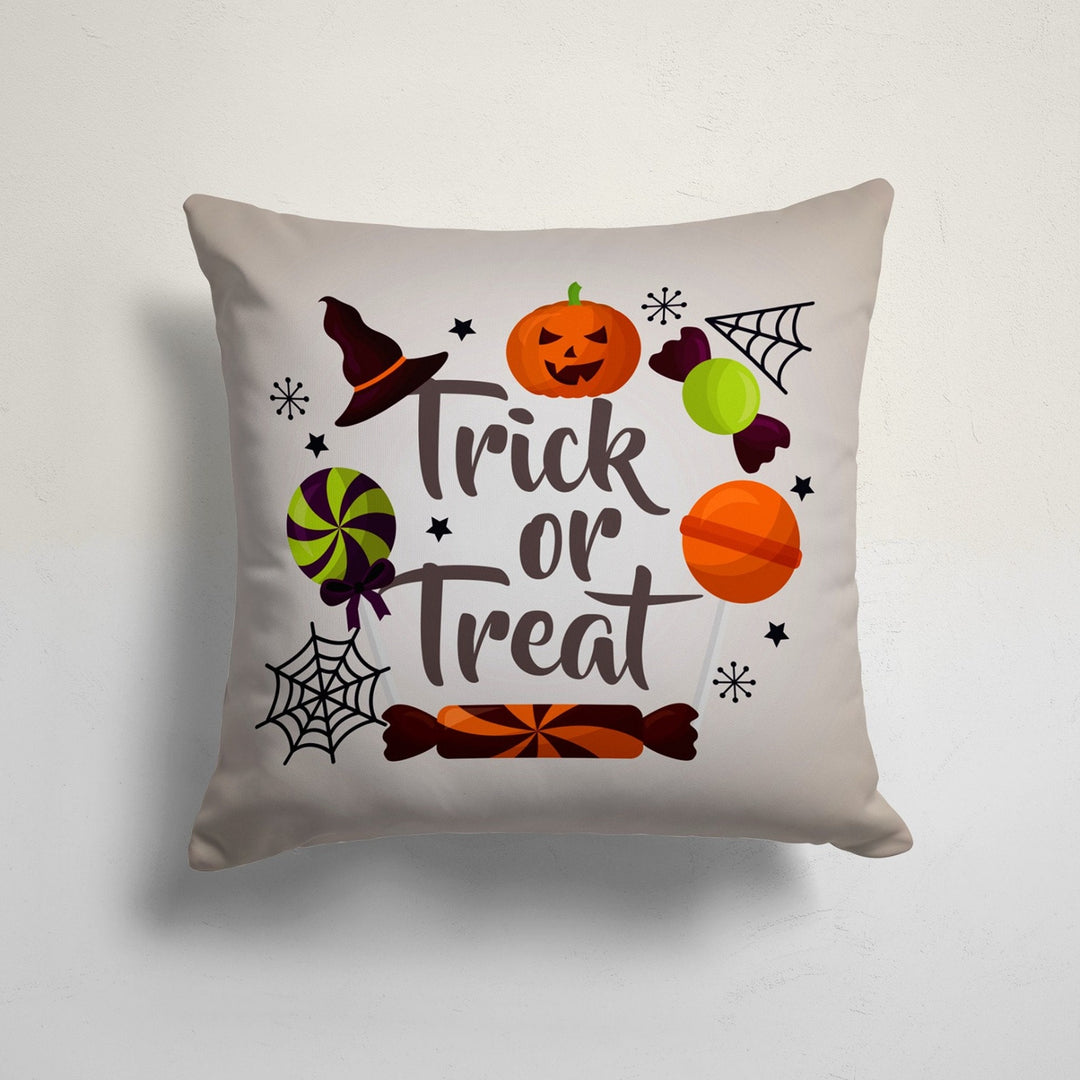 Trick or Treat Pillow Top|Halloween Pillowcase|Carved Pumpkin and Spider Web Print Cushion Cover|Witch Hat and Candy Throw Pillow Cover