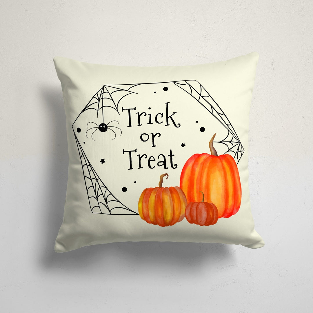 Trick or Treat Pillow Top|Halloween Pillowcase|Carved Pumpkin and Spider Web Print Cushion Cover|Witch Hat and Candy Throw Pillow Cover