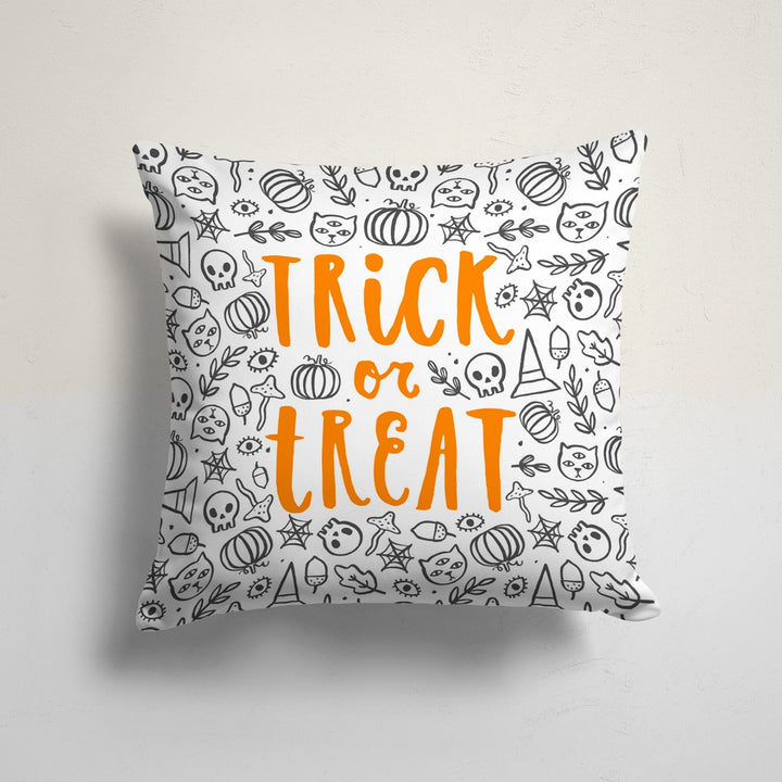 Trick or Treat Pillow Top|Halloween Pillowcase|Carved Pumpkin and Spider Web Print Cushion Cover|Witch Hat and Candy Throw Pillow Cover