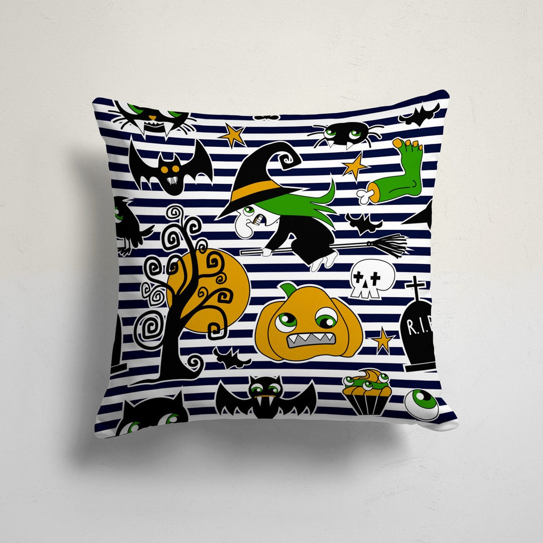 Halloween Pillowcase|Carved Pumpkin and Witch Print Striped Cushion Case|Cute Black Cat and Funny Pumpkin Cushion Cover|Throw Pillow Cover