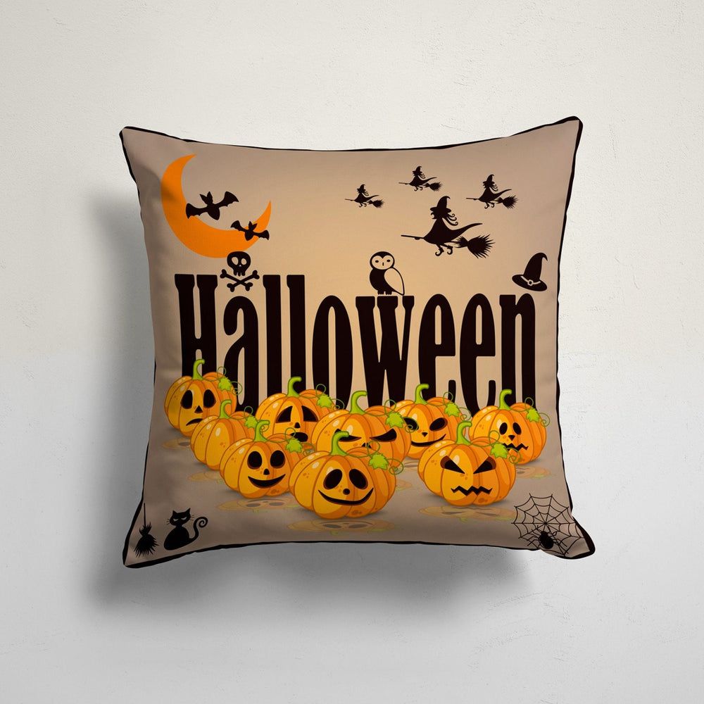 Halloween Pillow Case|Carved Orange Pumpkin and Bat Print Cushion|Skull on Zigzag Cushion Cover|Pumpkin with Witch Hat Outdoor Pillowtop