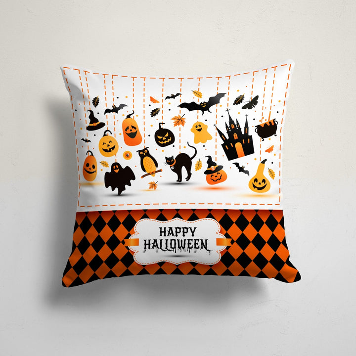 Happy Halloween Cushion Cover|Fall Trend Carved Pumpkin and Haunted House Pillowcase|Cat Print Throw Pillow Cover|Halloween Party Decor