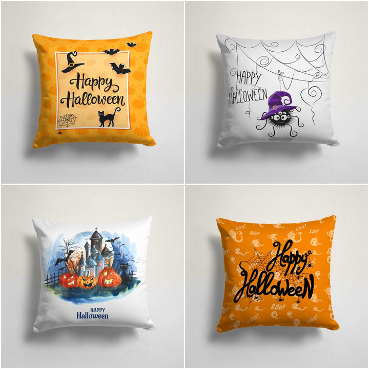 Happy Halloween Cushion Case|Fall Trend Carved Pumpkin and Haunted House Decor|Spider with Witch Hat Throw Pillowcase|Halloween Party Decor