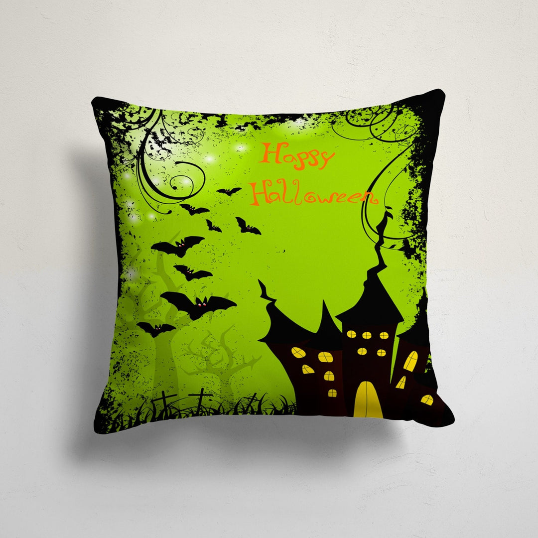 Happy Halloween Cushion Case|Carved Pumpkin and Haunted House Pillowcase|Bat and Ghost Print Green Throw Pillow Cover|Halloween Party Decor