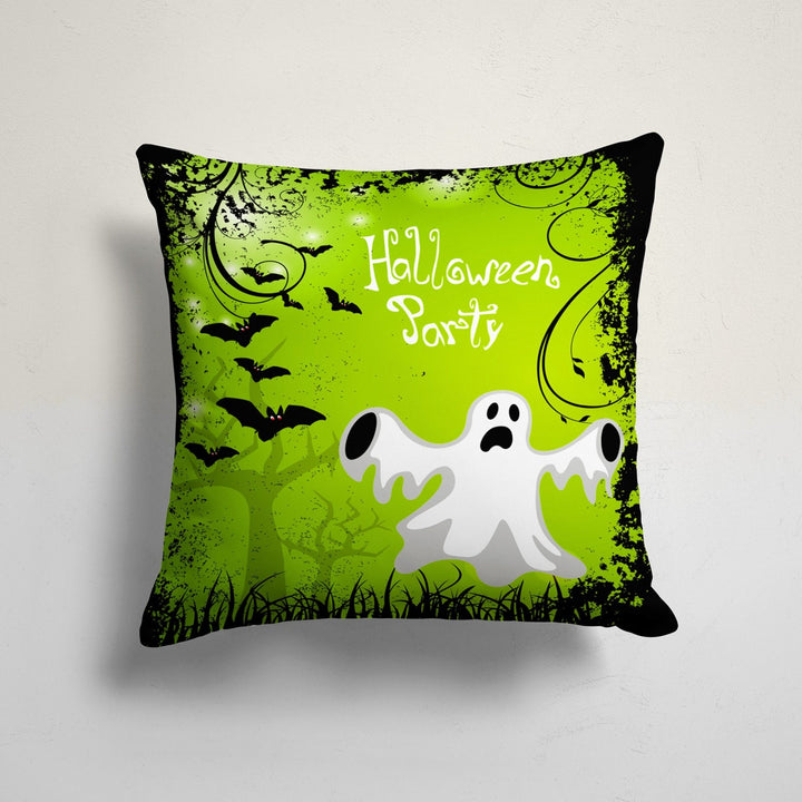 Happy Halloween Cushion Case|Carved Pumpkin and Haunted House Pillowcase|Bat and Ghost Print Green Throw Pillow Cover|Halloween Party Decor