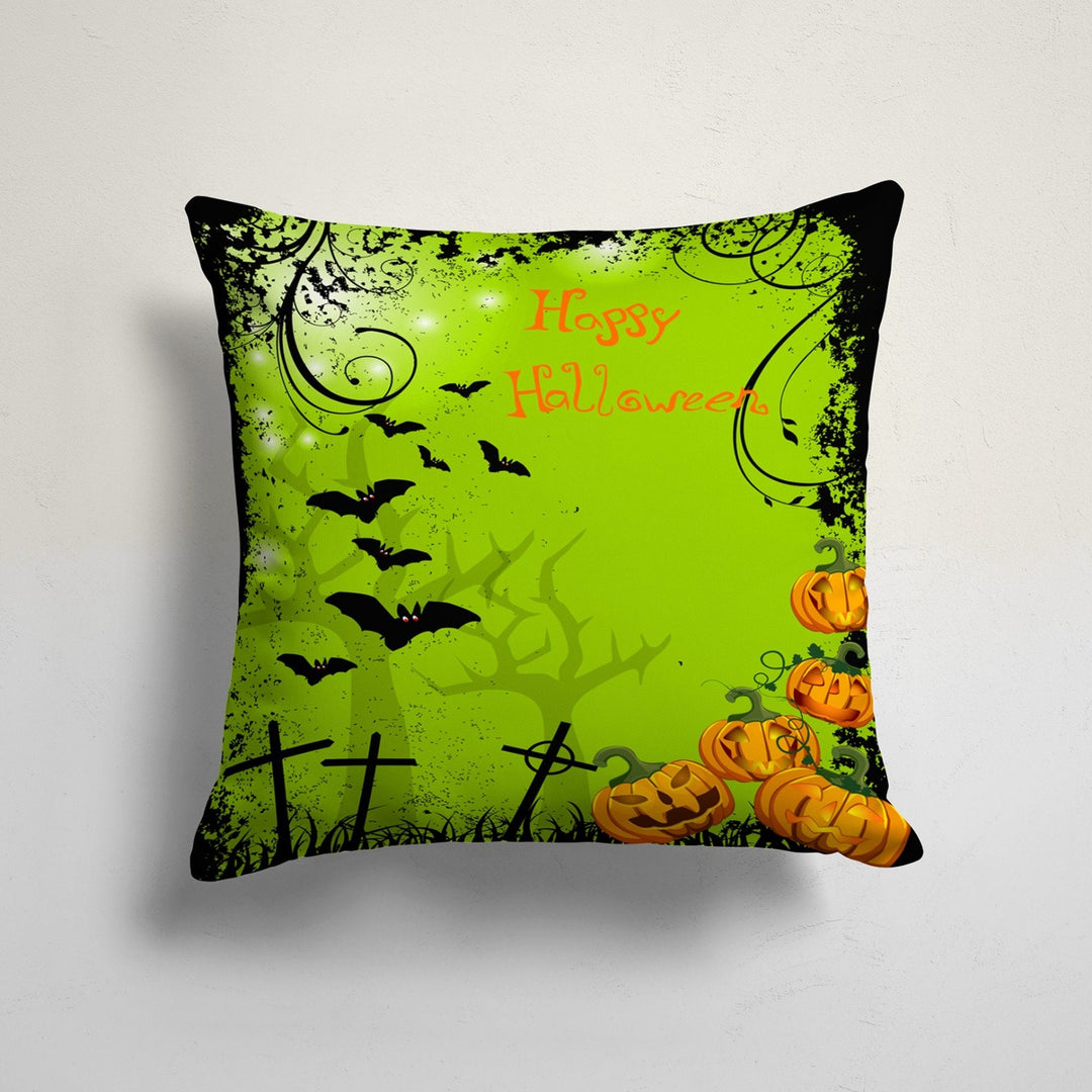 Happy Halloween Cushion Case|Carved Pumpkin and Haunted House Pillowcase|Bat and Ghost Print Green Throw Pillow Cover|Halloween Party Decor