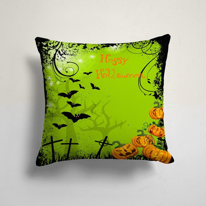 Happy Halloween Cushion Case|Carved Pumpkin and Haunted House Pillowcase|Bat and Ghost Print Green Throw Pillow Cover|Halloween Party Decor