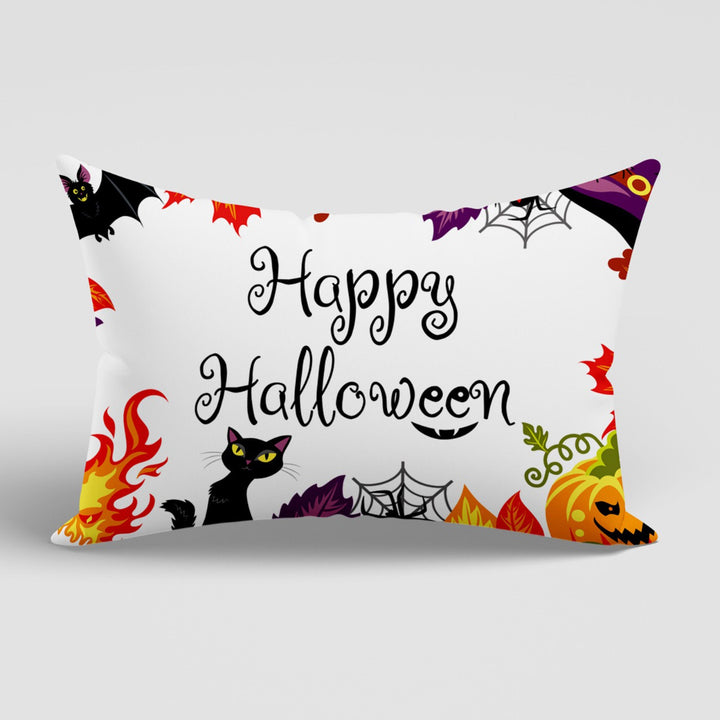 Halloween Cushion Case|White Ghost and Black Cat Lumbar Pillowcase|Happy Halloween Party Decor|Pumpkin and Witch Hat Rectangle Pillow Cover