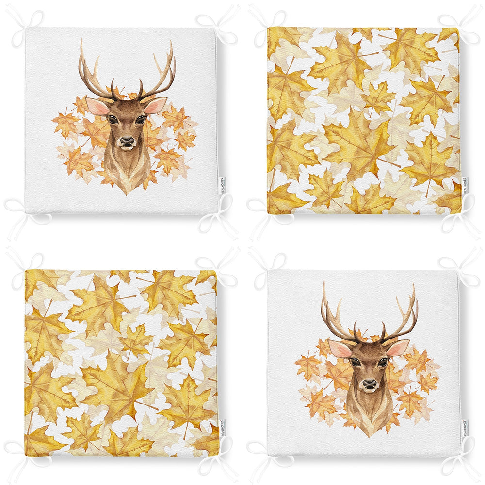 Set of 4 Fall Trend Chair Cushion|Dry Yellow Leaves Seat Pad with Zip and Ties|Farmhouse Autumn Chair Pad|Deer Print Outdoor Seat Cushion