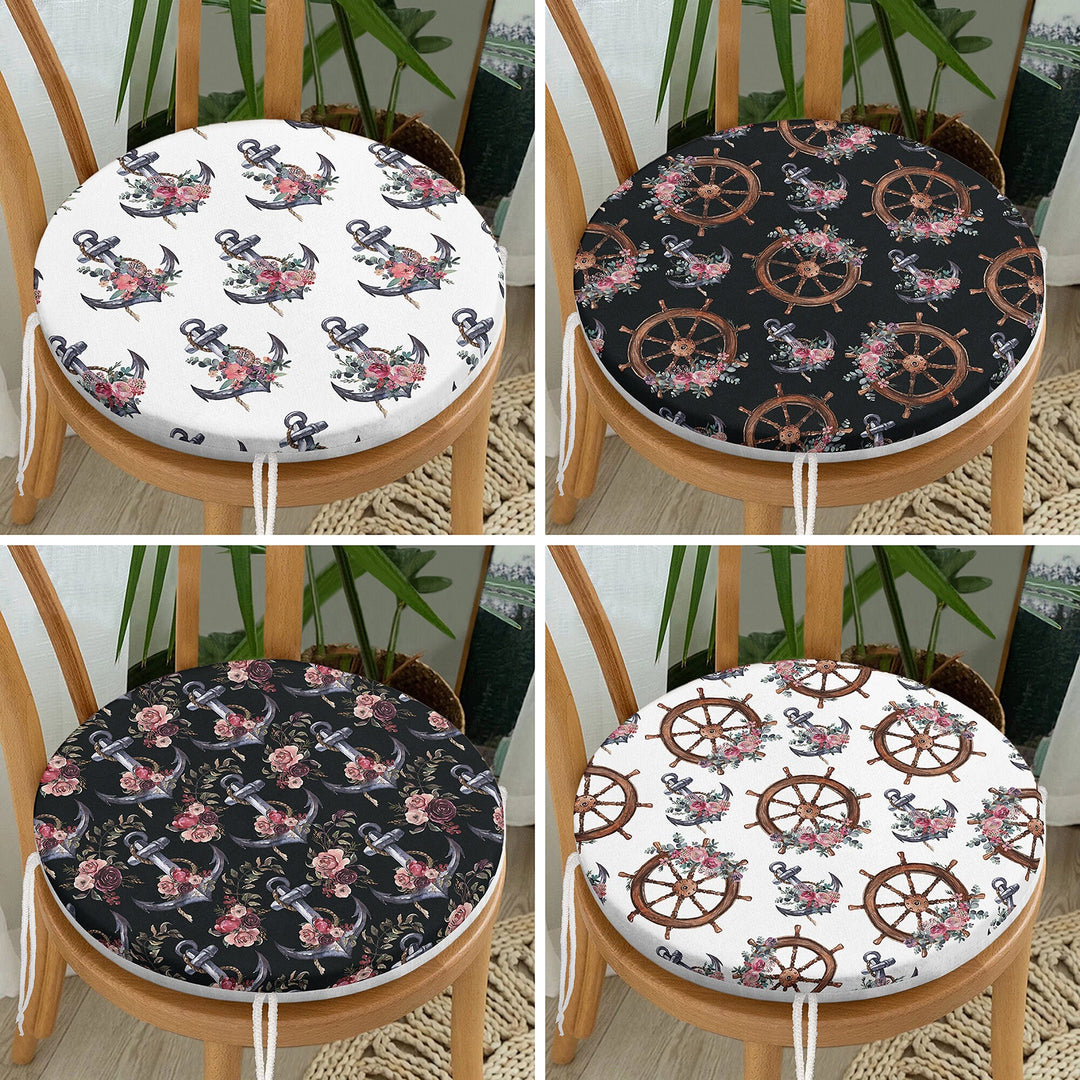 Set of 4 Round Chair, Stool Cushion|Nautical Seat Pad with 4 Ties|Floral Anchor Wheel Chair Pad|Summer Trend Coastal Outdoor Seat Cushion