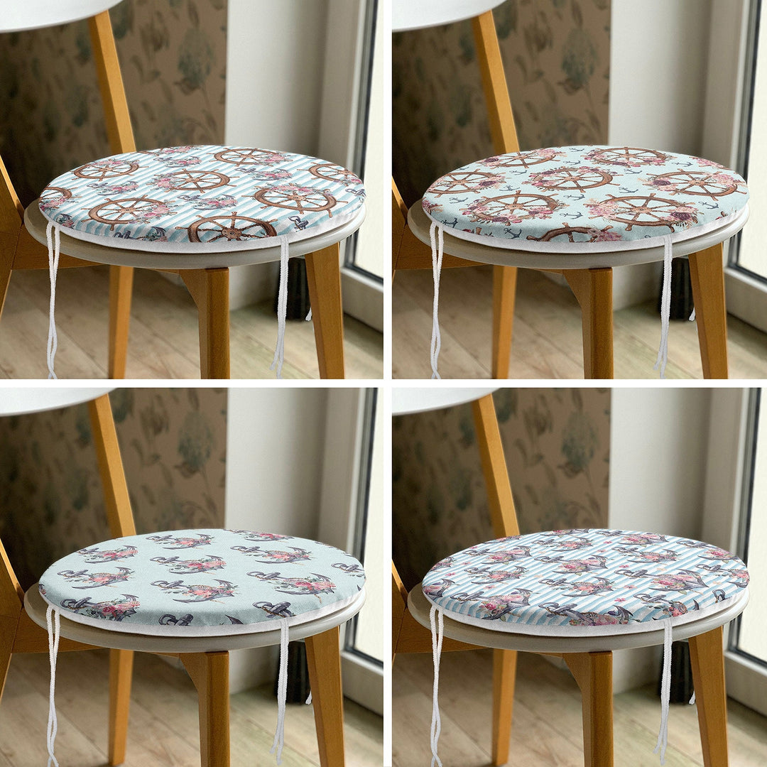 Set of 4 Round Chair, Stool Cushion|Nautical Seat Pad with 4 Ties|Floral Anchor Wheel Chair Pad|Summer Trend Coastal Outdoor Seat Cushion