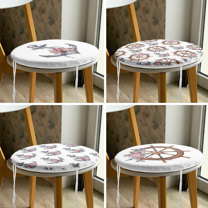 Set of 4 Round Chair, Stool Cushion|Nautical Seat Pad with 4 Ties|Floral Anchor Wheel Chair Pad|Summer Trend Coastal Outdoor Seat Cushion