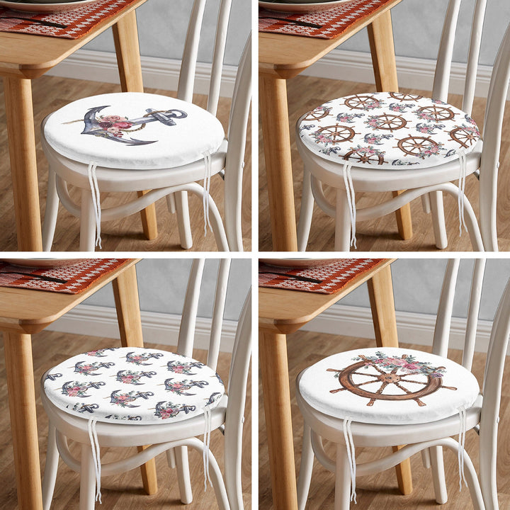 Set of 4 Round Chair, Stool Cushion|Nautical Seat Pad with 4 Ties|Floral Anchor Wheel Chair Pad|Summer Trend Coastal Outdoor Seat Cushion