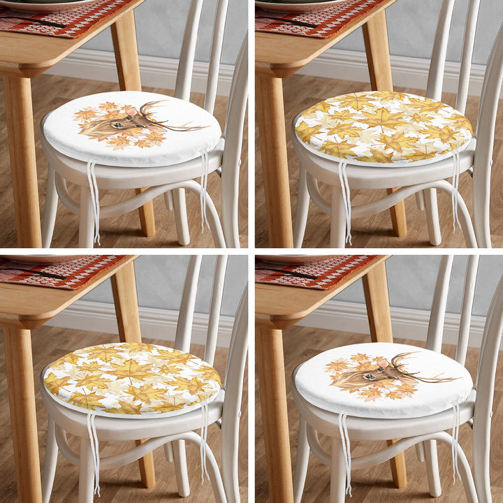 Set of 4 Round Chair, Stool Cushion|Dry Yellow Leaves Seat Pad with Zip and Ties|Farmhouse Autumn Chair Pad|Deer Print Outdoor Seat Cushion