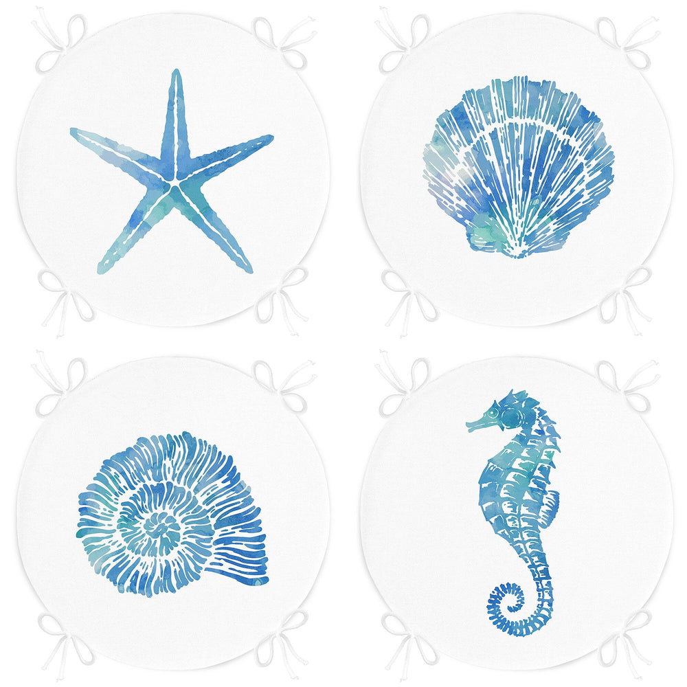 Set of 4 Beach House Round Chair, Stool Cushion|Blue Starfish Oyster Seat Pad with Zip and Ties|Circle Seashell Seahorse Coastal Chair Pad