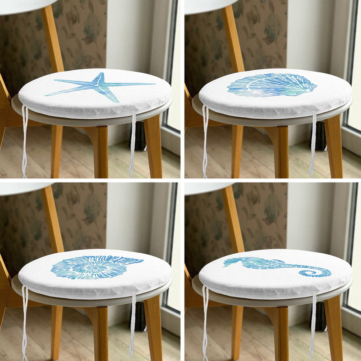 Set of 4 Beach House Round Chair, Stool Cushion|Blue Starfish Oyster Seat Pad with Zip and Ties|Circle Seashell Seahorse Coastal Chair Pad