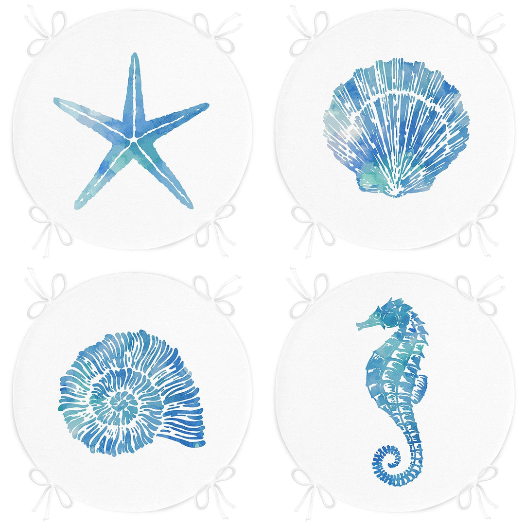 Set of 4 Beach House Round Chair, Stool Cushion|Blue Starfish Oyster Seat Pad with Zip and Ties|Circle Seashell Seahorse Coastal Chair Pad