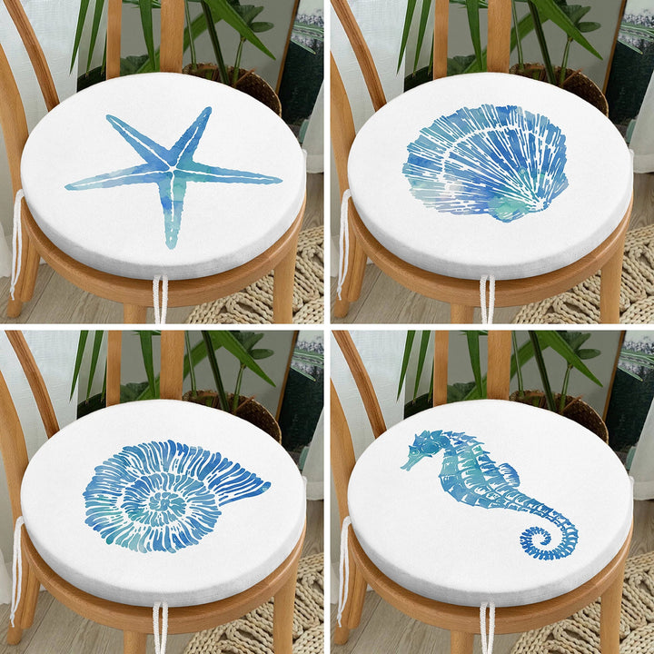 Set of 4 Beach House Round Chair, Stool Cushion|Blue Starfish Oyster Seat Pad with Zip and Ties|Circle Seashell Seahorse Coastal Chair Pad