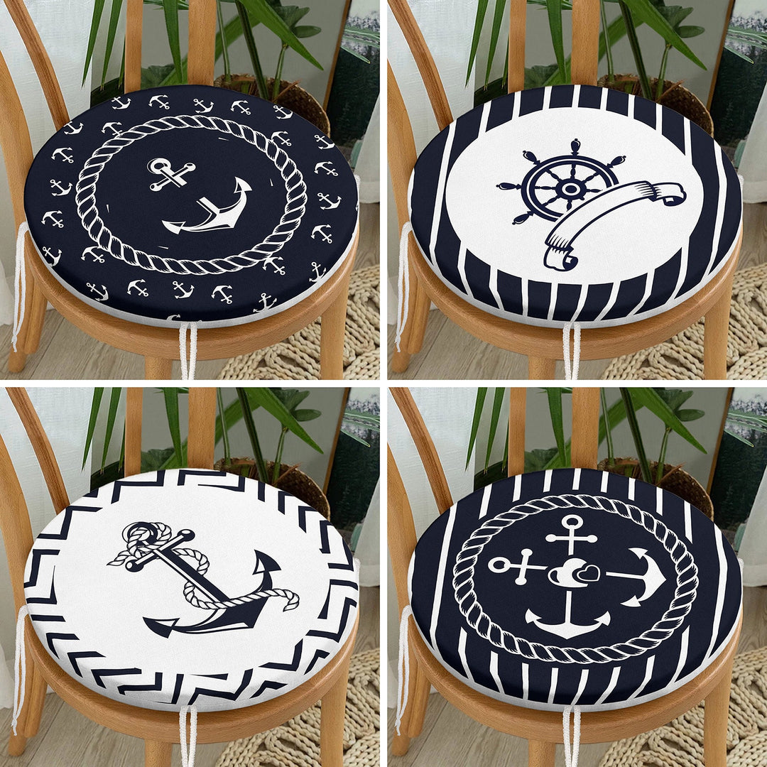 Set of 4 Round Chair, Stool Cushion|Nautical Seat Pad with 4 Ties|Navy Blue Anchor Wheel Chair Pad|Summer Trend Coastal Circle Seat Cushion