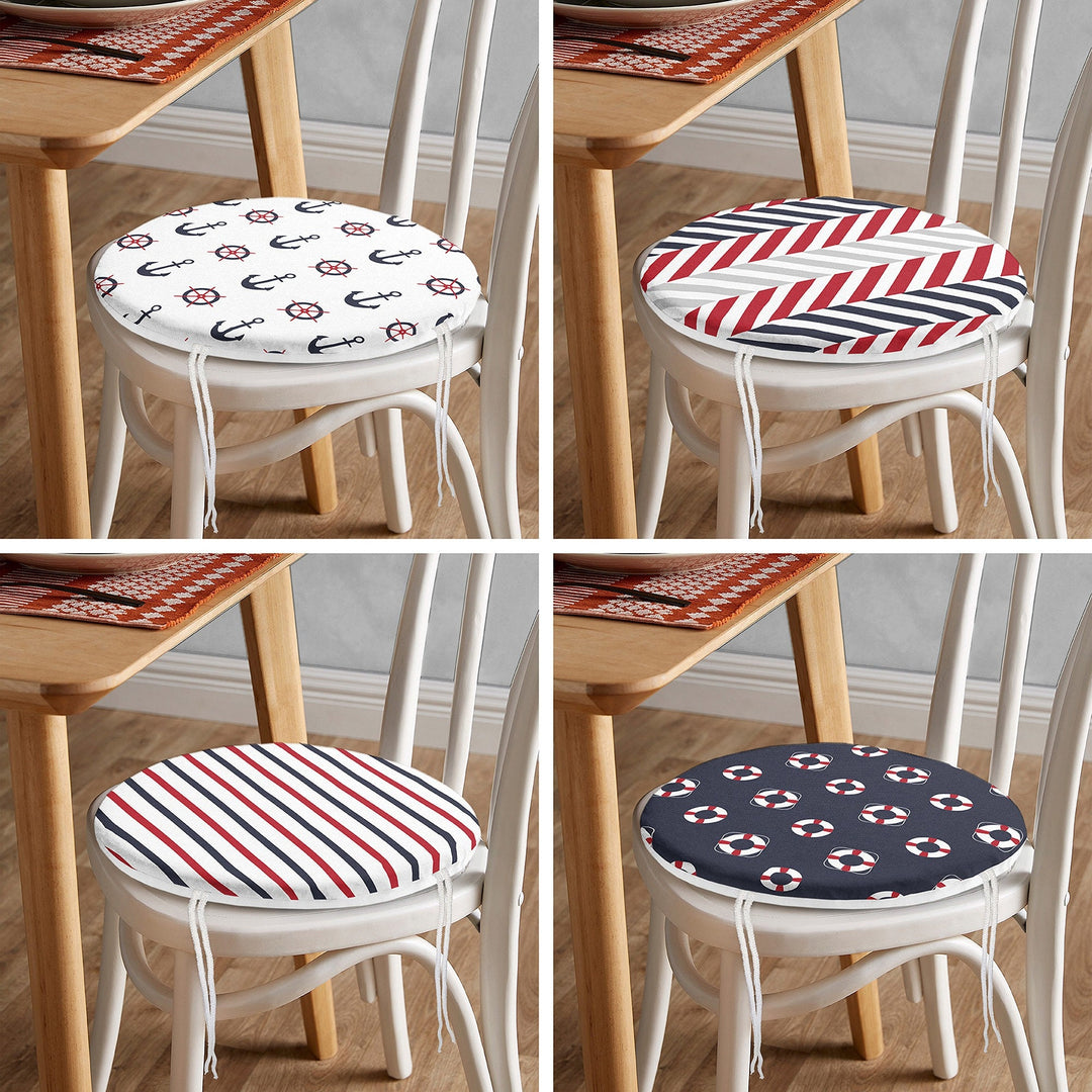 Set of 4 Round Chair, Stool Cushion|Nautical Seat Pad with 4 Ties|Anchor Wheel Life Saver Chair Pad|Striped Coastal Circle Seat Cushion