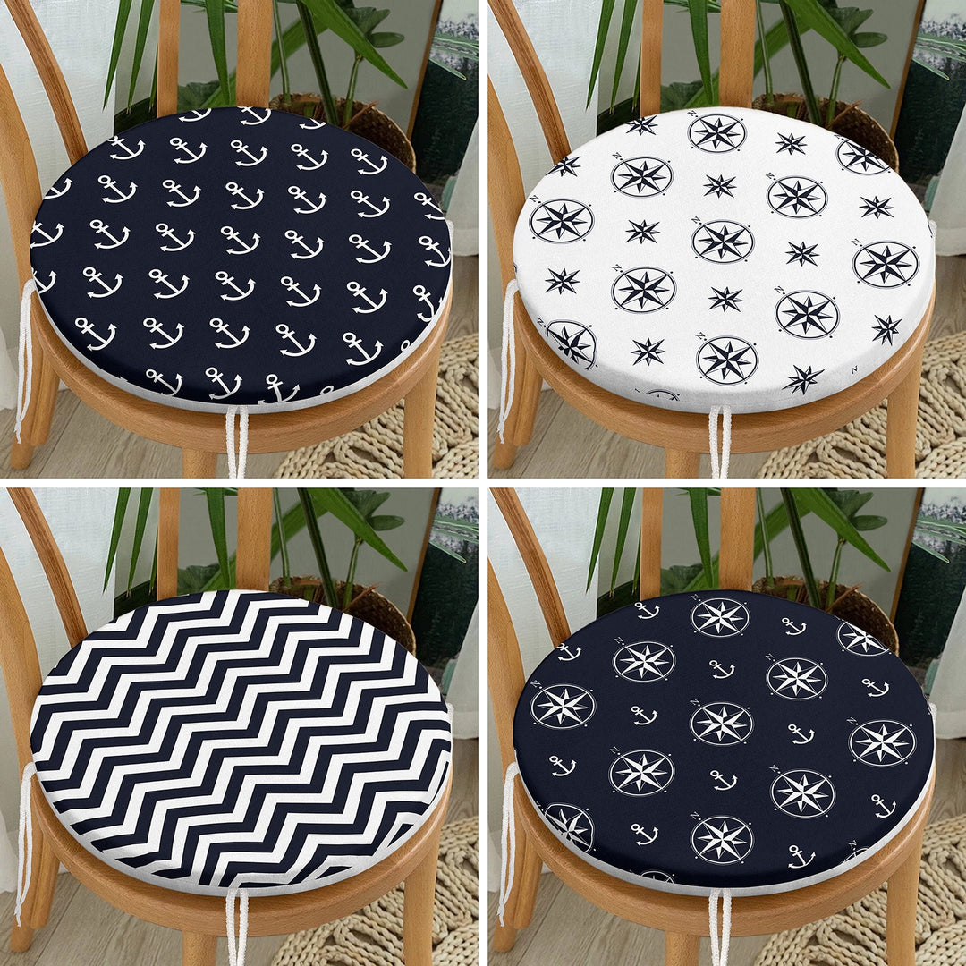 Set of 4 Round Chair, Stool Cushion|Anchor and Compass Seat Pad with Zip, Ties|Nautical Zigzag Chair Pad|Coastal Outdoor Seat Cushion