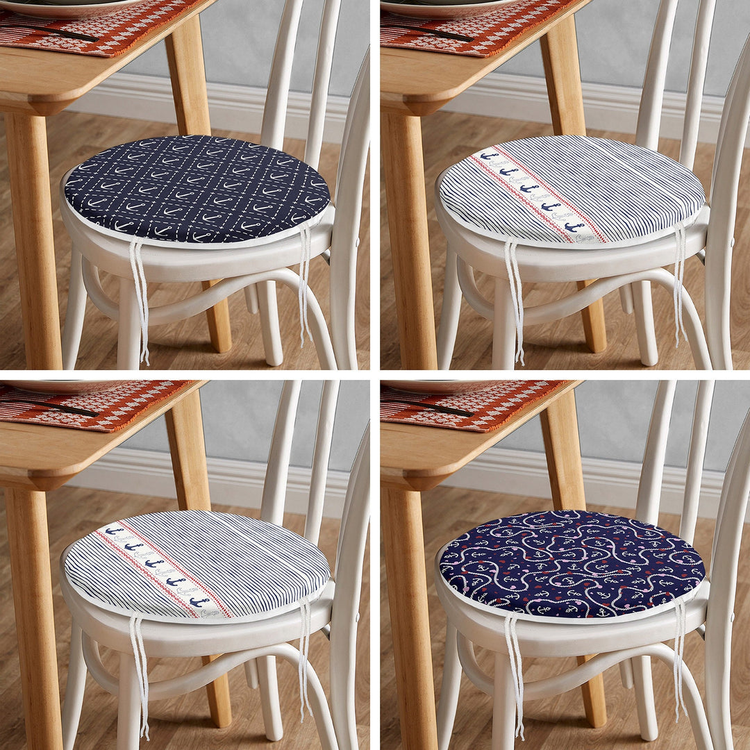 Set of 4 Round Chair Stool Cushion|Anchor and Sailor Rope Seat Pad with Zip, Ties|Beach House Striped Chair Pad|Coastal Outdoor Seat Cushion