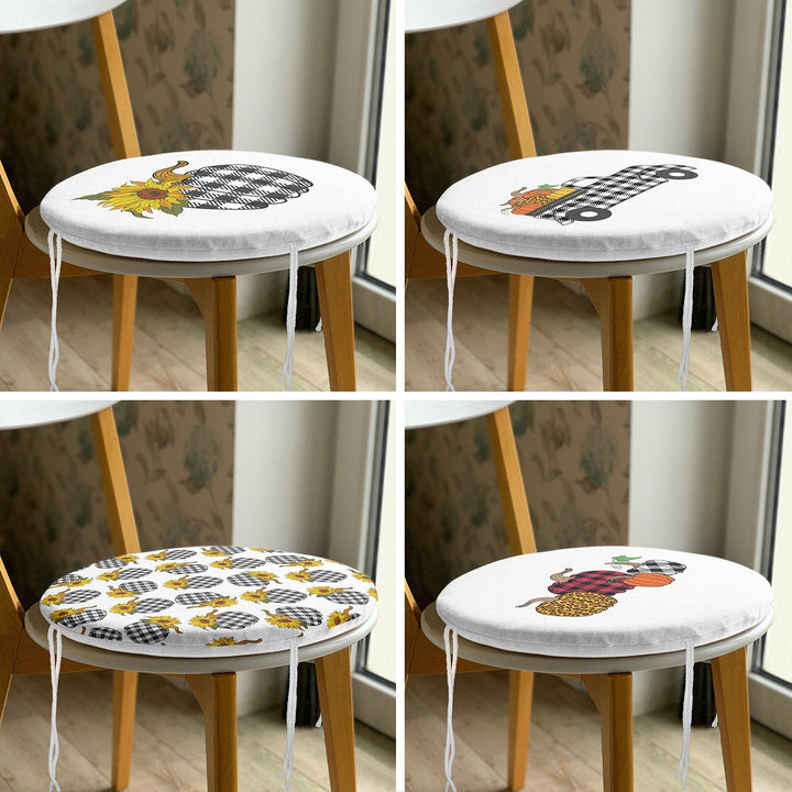 Set of 4 Round Chair, Stool Cushion|Checkered Pumpkin Truck Seat Pad with Zip, Ties|Fall Trend Chair Pad|Farmhouse Outdoor Seat Cushion