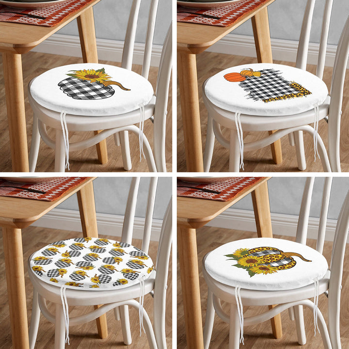 Set of 4 Round Chair, Stool Cushion|Checkered Pumpkin Seat Pad with Zip, Ties|Farmhouse Autumn Chair Pad|Housewarming Outdoor Seat Cushion