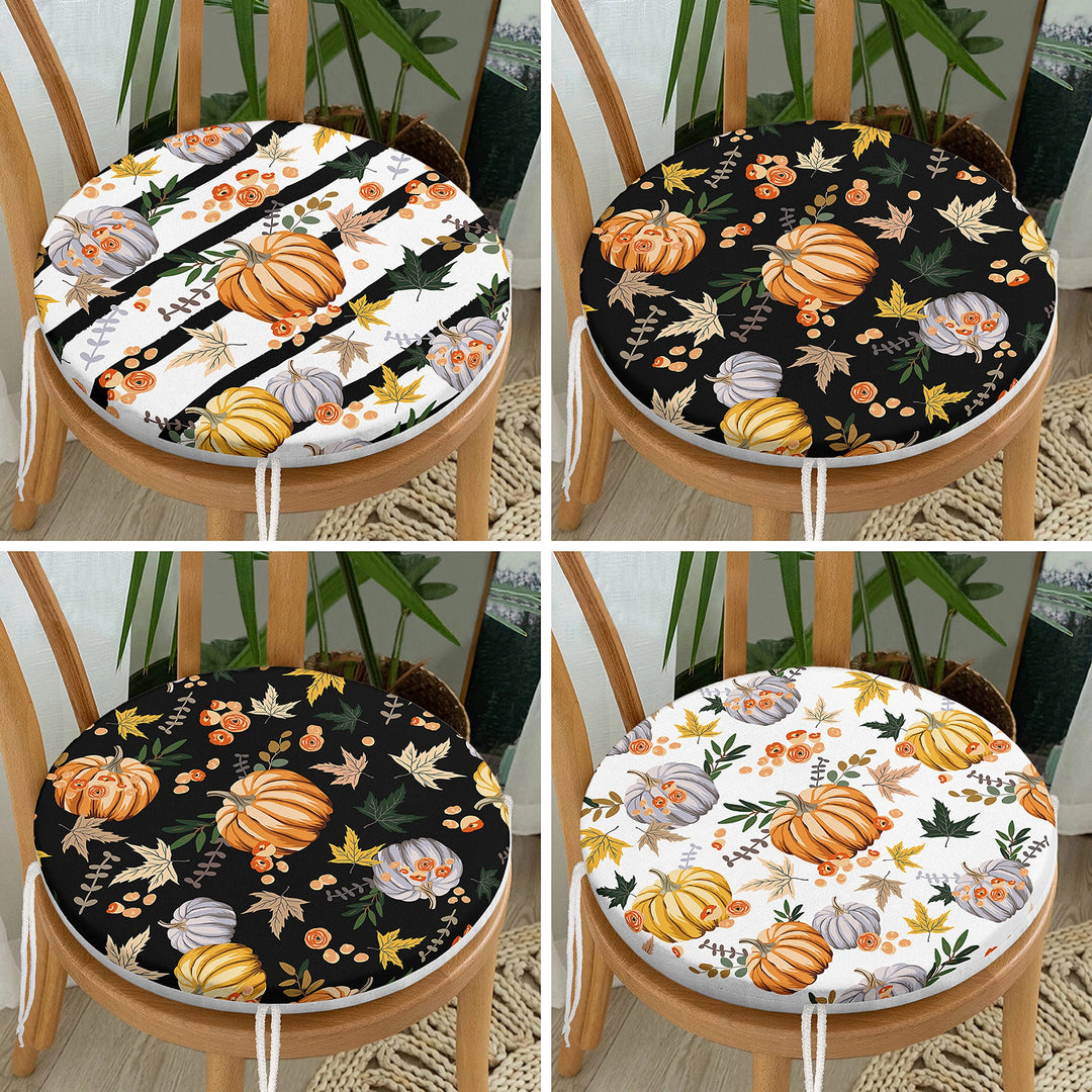 Set of 4 Round Chair, Stool Cushion|Fall Trend Seat Pad with Ties|Striped Orange Gray Pumpkin Chair Pad|Farmhouse Autumn Circle Seat Cushion