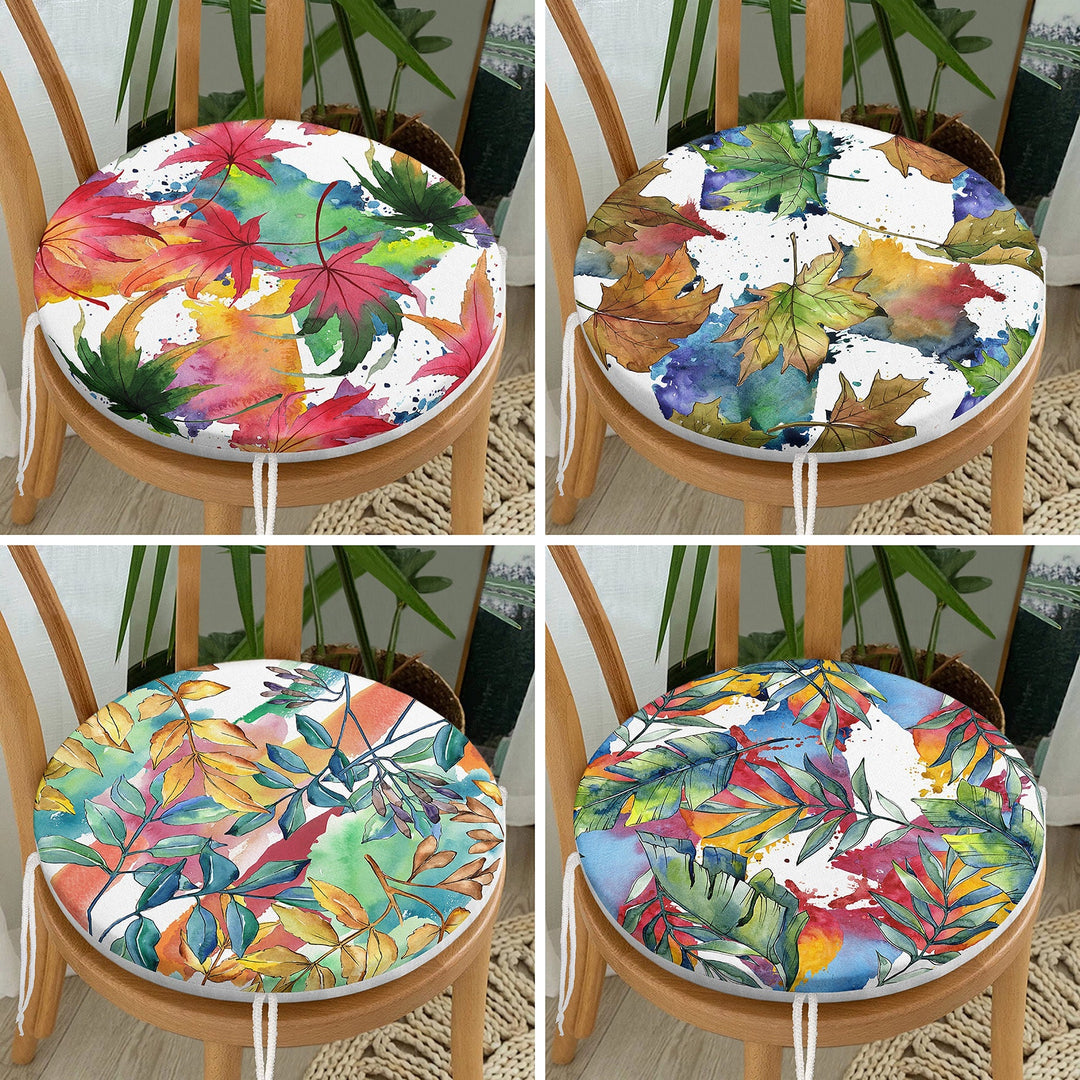 Set of 4 Round Chair, Stool Cushion|Dry Leaf Painting Seat Pad with Zip and Ties|Farmhouse Autumn Chair Pad|Leaf Print Outdoor Seat Cushion