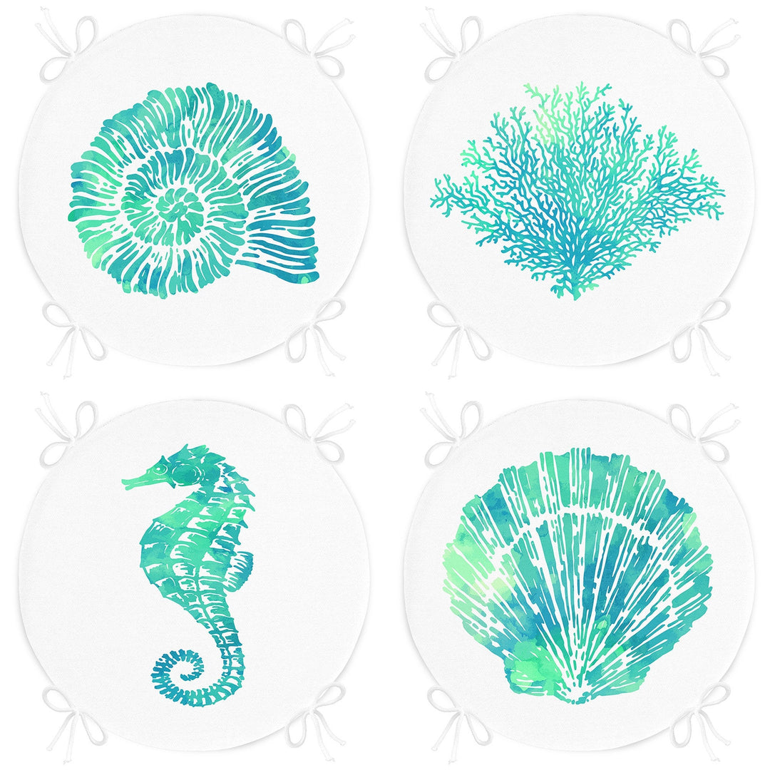 Set of 4 Beach House Round Chair, Stool Cushion|Seahorse Coral Seat Pad with Zip, Ties|Turquoise Seashell Oyster Chair Pad|Coastal Decor