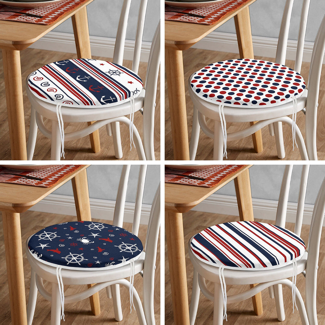 Set of 4 Round Chair, Stool Cushion|Anchor Wheel Seat Pad with Zip and Ties|Dolphin Beach House Chair Pad|Nautical Crab Seat Cushion Set