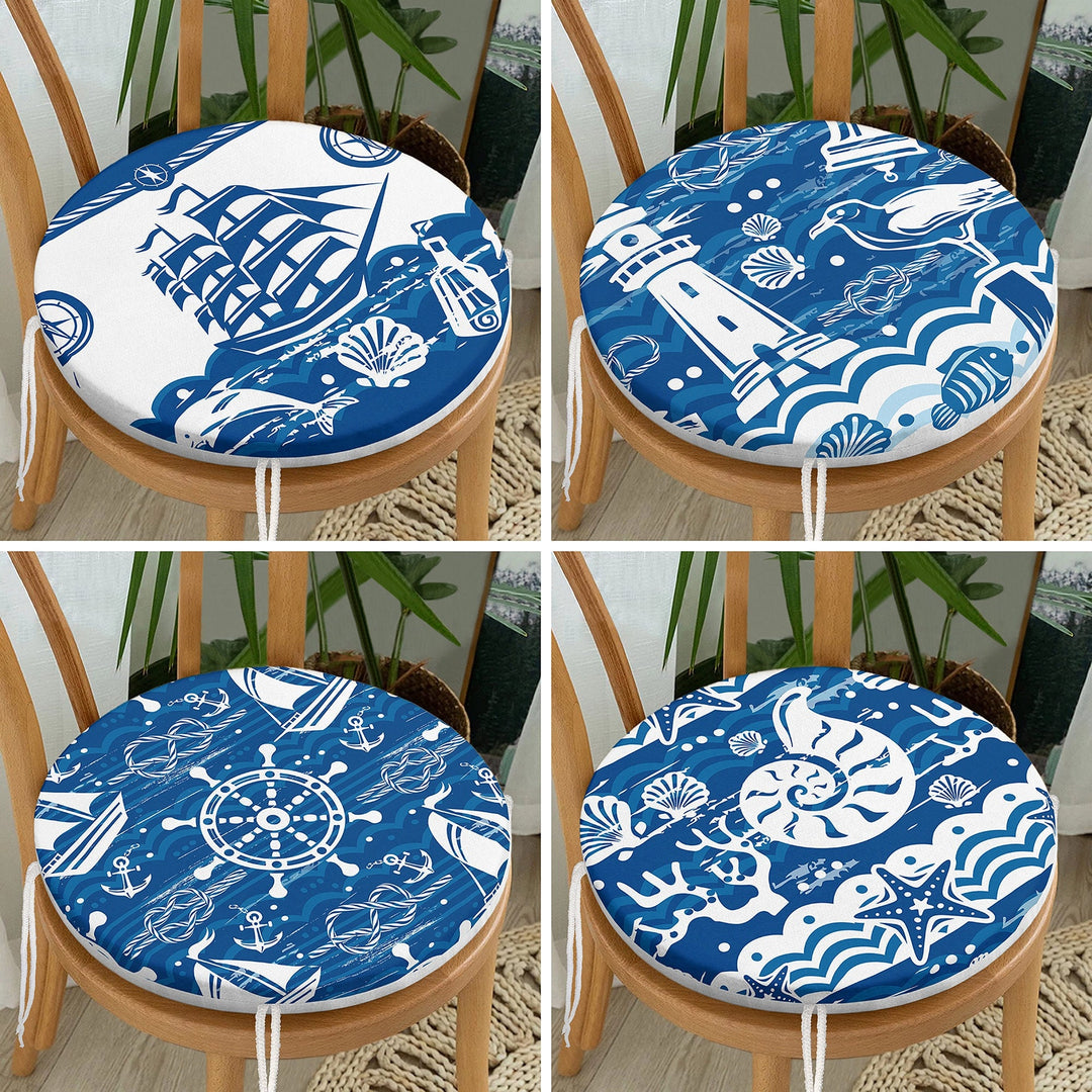 Set of 4 Round Chair, Stool Cushion|Blue White Sailing Ship Wheel Lighthouse Seashell Seat Pad with Zip, Ties|Soft Beach House Chair Pad Set