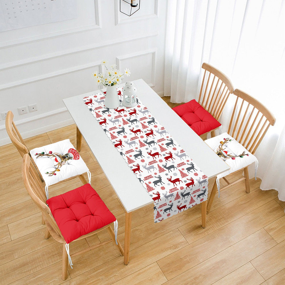 Set of 4 Puffy Chair Pads and 1 Table Runner|Xmas Deer, Buckhorn, Tree, Snowflake Seat Pad and Tablecloth|Merry Xmas Chair Cushion Tabletop