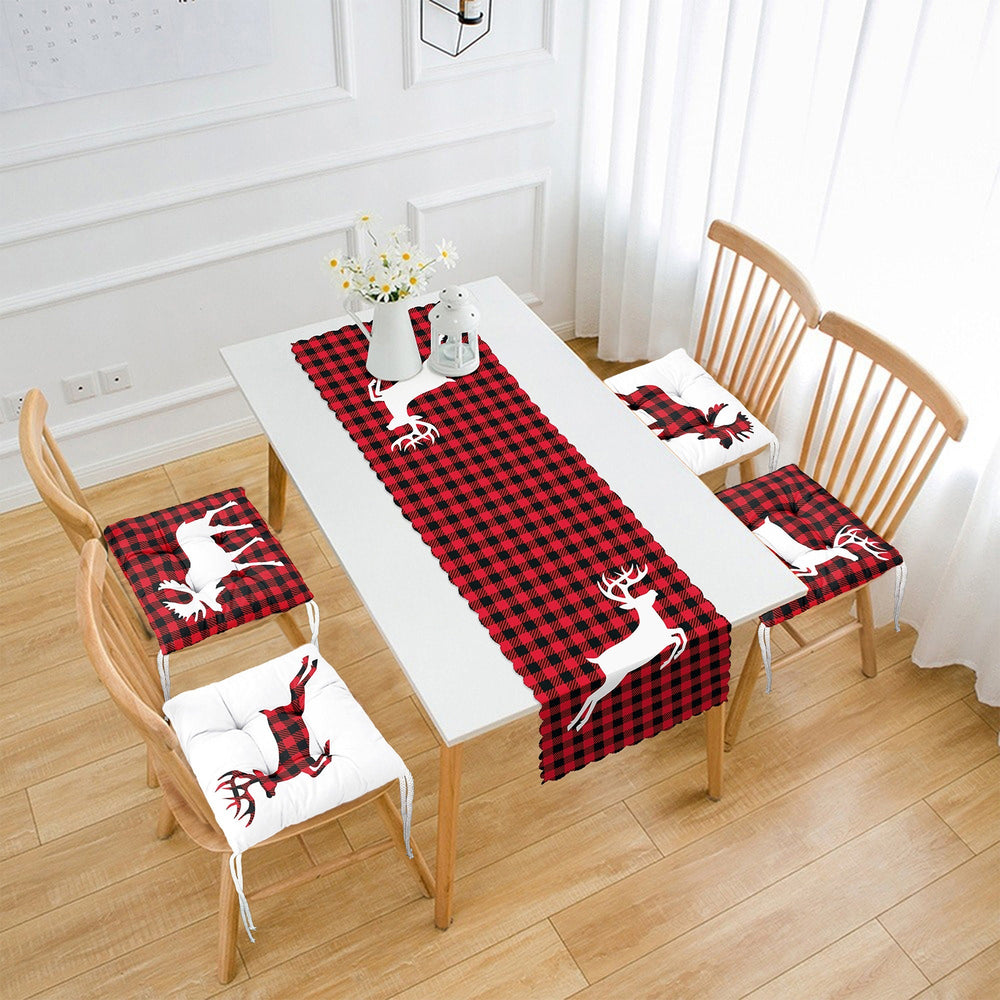 Set of 4 Puffy Chair Pads and 1 Table Runner|Winter Trend Checkered Xmas Deer Seat Pad and Tablecloth|Plaid Xmas Chair Cushion and Tabletop