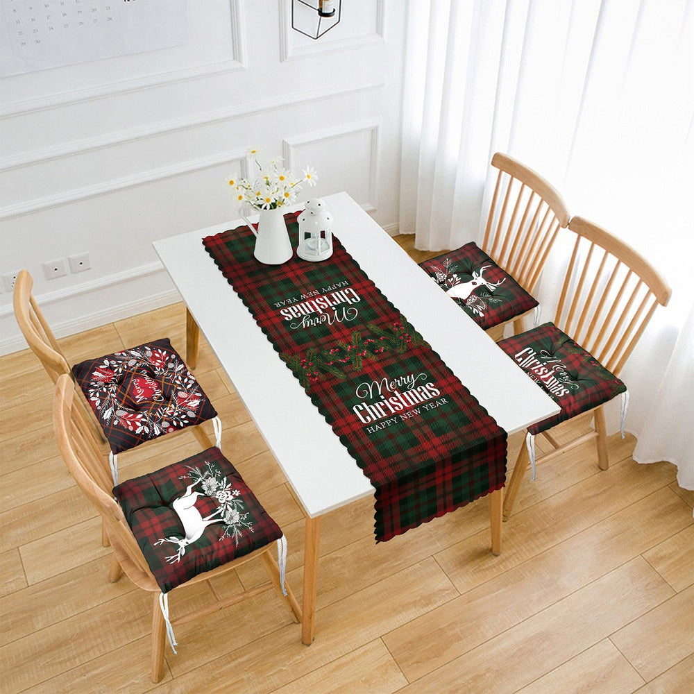 Set of 4 Puffy Chair Pads and 1 Table Runner|Merry Christmas Deer Seat Pad and Tablecloth|Plaid Happy New Year Chair Cushion and Tabletop