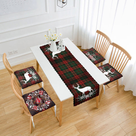 Set of 4 Puffy Chair Pads and 1 Table Runner|Merry Christmas Deer Seat Pad and Tablecloth|Plaid Happy New Year Chair Cushion and Tabletop